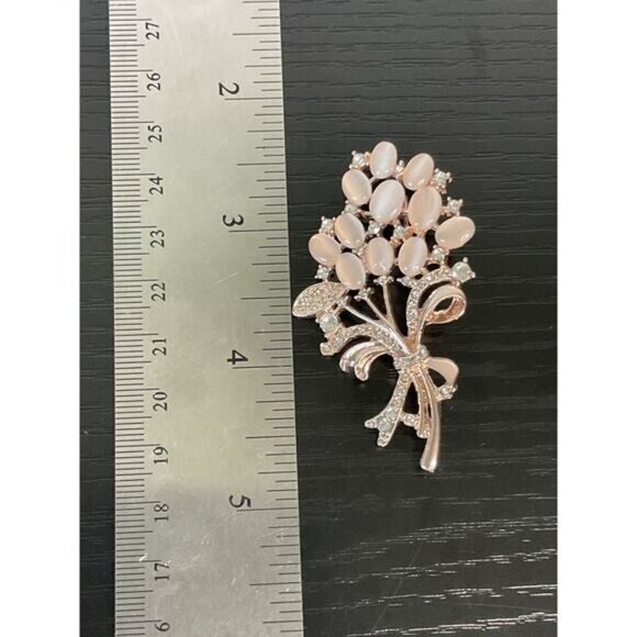 Elegant Rose Gold Floral Bouquet Brooch Rhinestones Pink Gem Accents - Picture 3 of 4